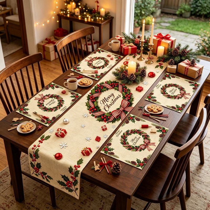 Christmas Table Runner - 5 stuks Kerstkrans Bedrukte Tafelloper Placemat