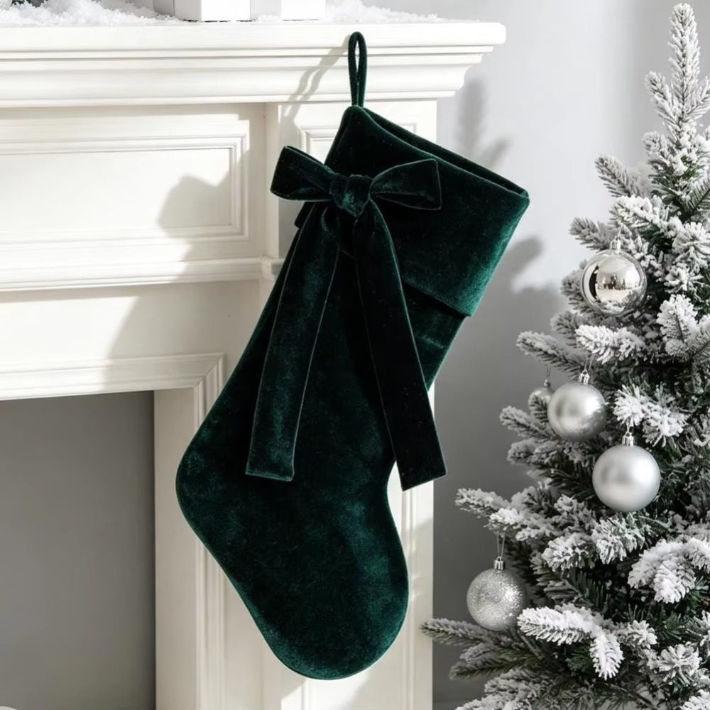Christmas Stocking Hanging - Effenkleurige fluwelen kerstsok, verdikt met strik,