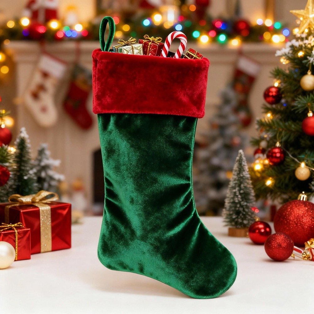 Christmas Stocking Hanging - Roodgroene fluwelen kerstsok, pluche, navulbaar, kerstcadeau-opbergsokken,