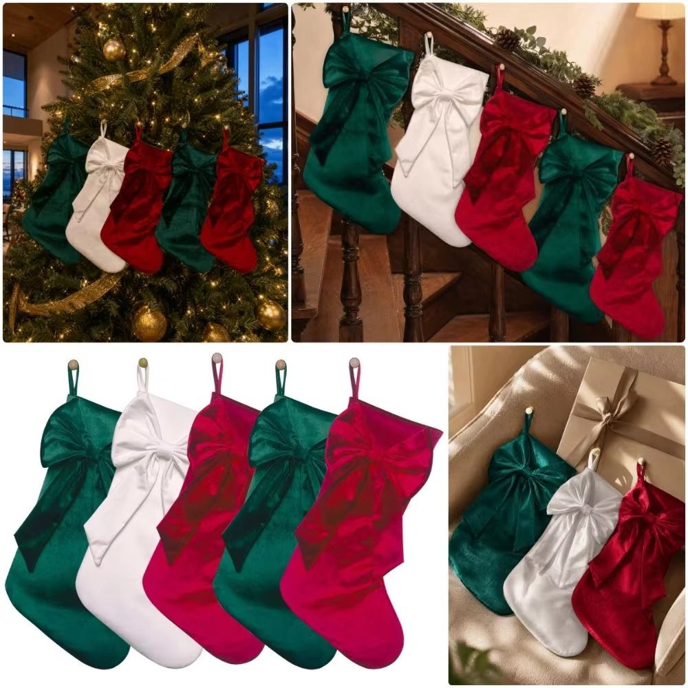 Christmas Stocking Hanging - Fluwelen Kerstsok met strik, grote capaciteit,